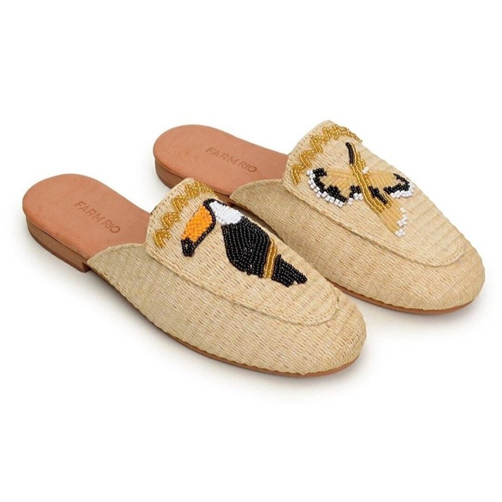 Farm Rio Toucan Tucan Raffia Mule Womens 6.5 Slip Ons Beaded